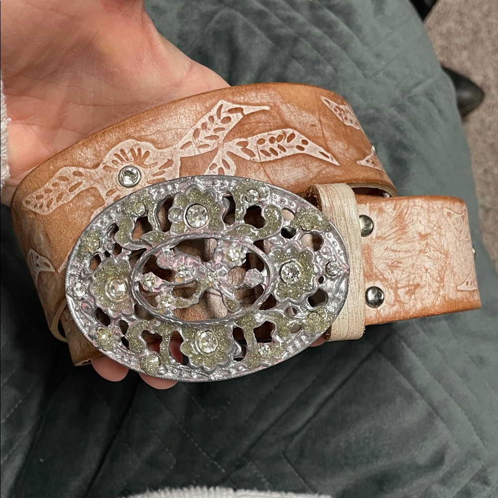 Massimo dutti Leather Belt with Silver Diamond Buckle and diamond accents